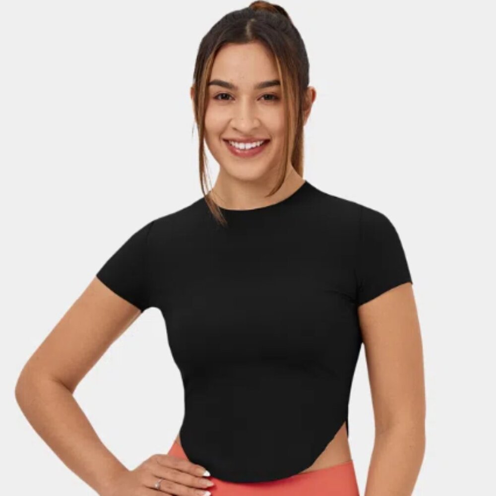 Ribbed Knit Short Sleeve Asymmetric Hem Cropped Casual T-Shirt